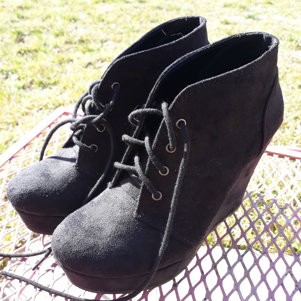 Black faux suede wedge booties